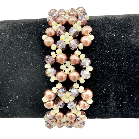 Beaded Bracelet 8 inch Brown Cream Crystals and Faux Pearls with Toggle Closure - Picture 1 of 3
